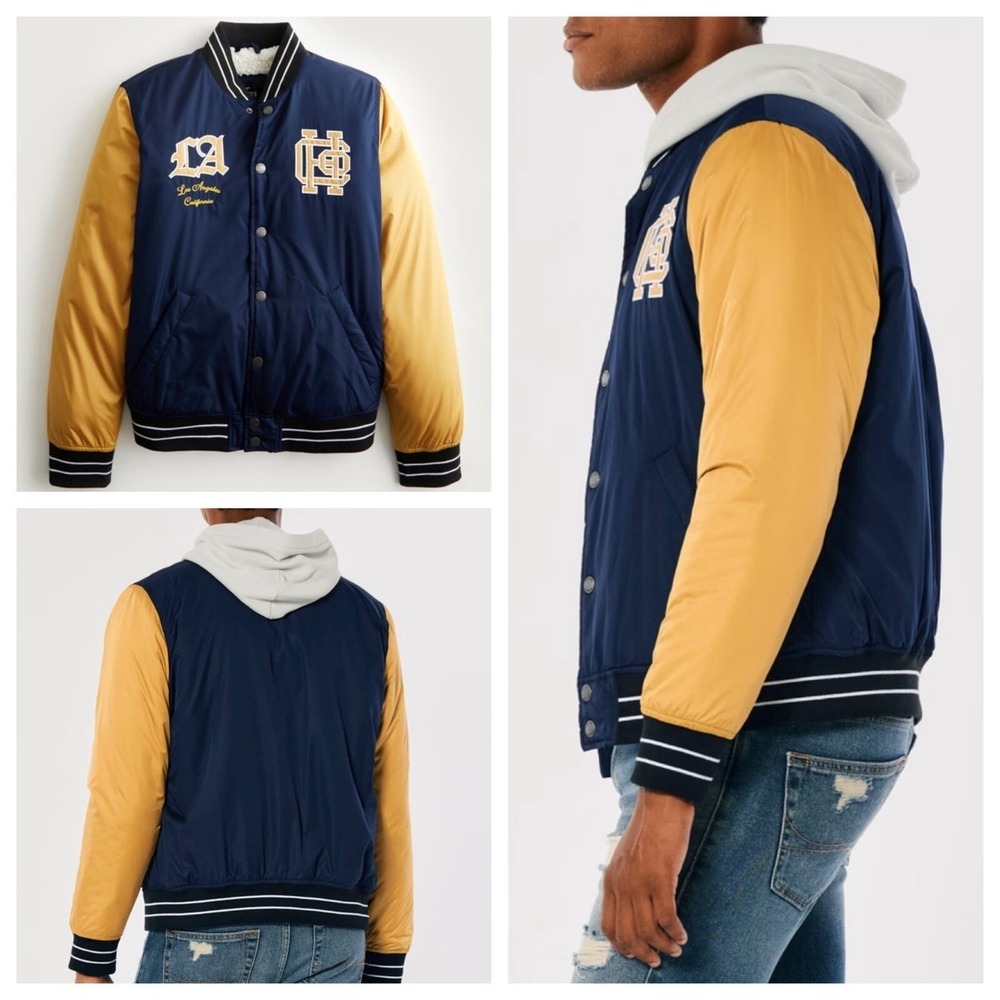 Hollister Mens Cozy Varsity Jacket Navy Gold Sherpa Lined Los Angeles Large NEW